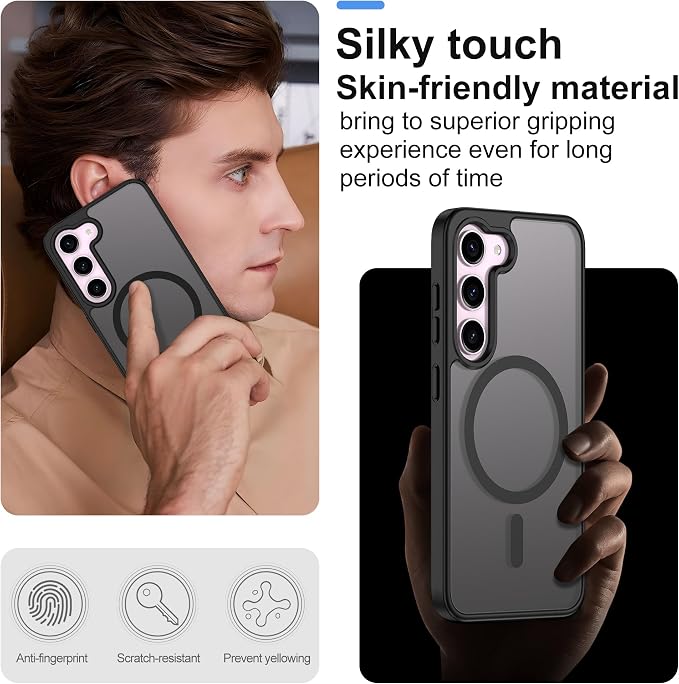 Pilaru for Samsung Galaxy S23 Case [Compatible with Magsafe] Translucent Matte Magnetic S23 Phone Case,SlimThin Duty Shockproof Protection Cover with 2pc HD Screen Protector for S23-Black