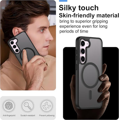 Pilaru for Samsung Galaxy S23 Case [Compatible with Magsafe] Translucent Matte Magnetic S23 Phone Case,SlimThin Duty Shockproof Protection Cover with 2pc HD Screen Protector for S23-Black