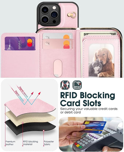 OCASE Compatible with iPhone 16 Pro Crossbody Wallet Case with Card Holder, PU Leather Zipper Handbag Phone Purse with RFID Blocking Kickstand Wrist Strap Lanyard 6.3 Inch, Pink