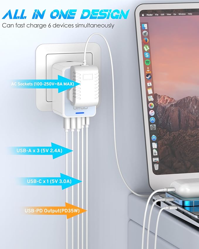 Universal Travel Adapter, 35W PD Fast Charging, for Europe UK US Japan | 5 USB C/A Ports & 2500W AC Outlet, International Power Adapter for 200+ Countries, Compatible with iPhone, MacBook, Tablet