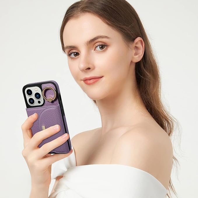 Keallce Wallet Case for iPhone 16 Pro 6.3'', Flip Case with Card Slots, Ring Holder Kickstand, PU Leather Protective Folio Cover for Women, Purple