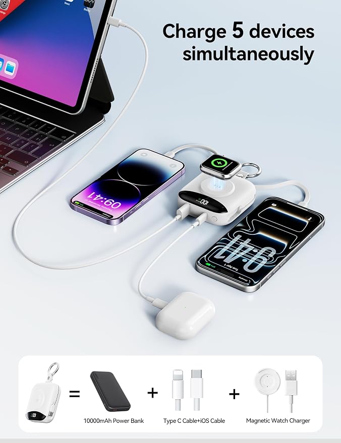 Portable Charger Power Bank, 10000mAh Fast Charging Power Bank with Built-in Cables, Travel Keychain Battery Pack with LED Display for iPhone Samsung Android iPad iWatch Charger 11/10/9/8/Ultra, White