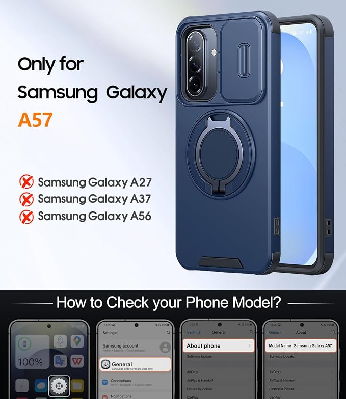 JAME for Samsung Galaxy A57 5G Case, Ring Holder Stand Kickstand, Slide Camera Cover, 2 Screen Protectors, Dual-Layer Shockproof Protective, Magnetic Accessory Friendly Galaxy A57 Phone Case, Blue