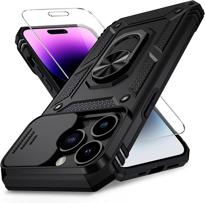 Weycolor for iPhone 14 Pro Max Case with Camera Lens Cover, HD Screen Protector, 10 FT Military Grade Drop Protection, Magnetic Ring Holder Kickstand Protective Phone Case, Black