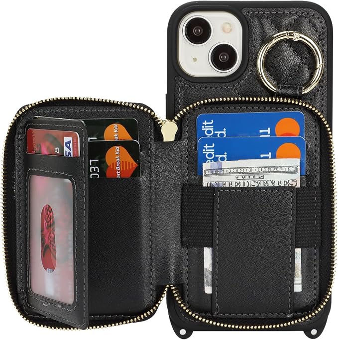 Crossbody Wallet Case for iPhone 14 Plus, PU Leather Zipper Handbag Purse Flip Cover, Kickstand Folio Case with Card Slots Holder Wrist Strap Lanyard 5G 6.7 Inch-Black