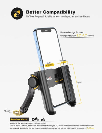 Grefay Motorcycle Phone Mount, 1S Quick Release Anti Shake Motorbike Phone Holder for 3.5-7.0 Inch Smartphone for Motorcycle Mirror Phone Mount with 360° Rotatabe