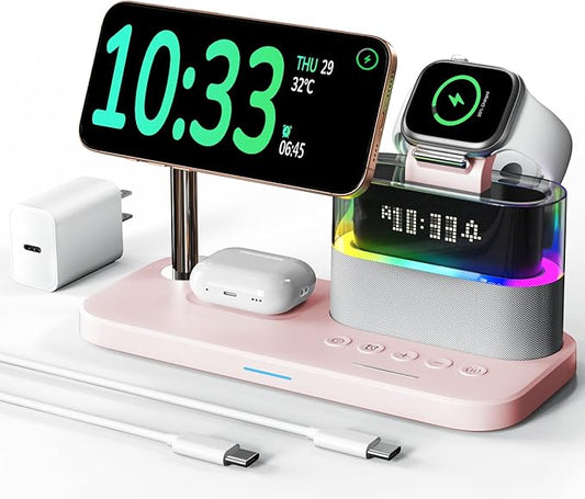 Compatible with Qi2 Certified 15W Charging Station with Alarm Clock and Night Light,Fast 5 in 1 Mag-Safe Wireless Charger Stand for iPhone 16 15 14 13 12 Pro Max,Apple Watch,Air-Pods(Pink)