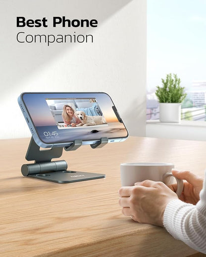 Nulaxy Dual Folding Cell Phone Stand, Fully Adjustable Foldable Desktop Phone Holder Cradle Dock Compatible with iPhone 17 16 15 14 13 12 11 Pro Max Xs Xr X 8, Nintendo Switch, All Phones - Gray