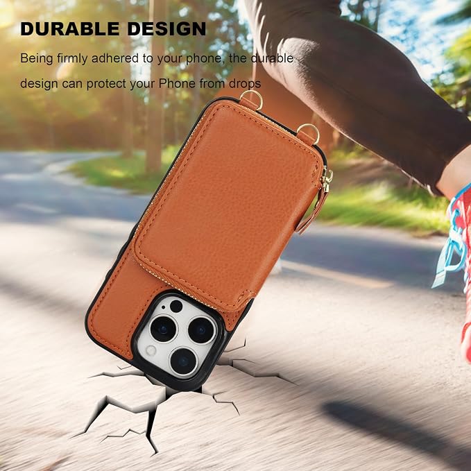 Bocasal RFID Blocking Wallet Case for iPhone 16 Pro, Adjustable Crossbody Zipper Purse Case Card Holder with Kickstand Detachable Wrist Strap, PU Leather Flip Folio Case 6.3 Inch 5G (Brown)