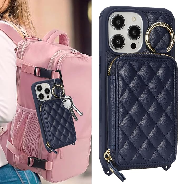 Crossbody Wallet Case for iPhone 14 Pro Max, PU Leather Zipper Handbag Purse Flip Cover, Kickstand Folio Case with Card Slots Holder Wrist Strap Lanyard 5G 6.7 Inch-Blue