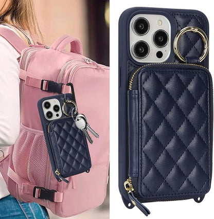Crossbody Wallet Case for iPhone 14 Pro Max, PU Leather Zipper Handbag Purse Flip Cover, Kickstand Folio Case with Card Slots Holder Wrist Strap Lanyard 5G 6.7 Inch-Blue