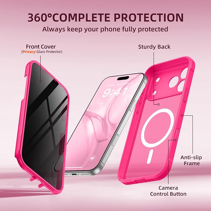 BERFY for iPhone 17 Pro Case, Compatible with MagSafe, Built-in Privacy Screen Protector, Camera Protection, Shockproof Full Body Phone Case 6.3", Translucent Hot Pink