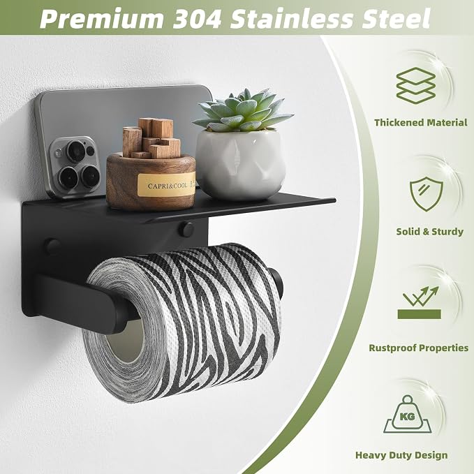 Toilet Paper Holder with Phone Shelf, APLusee SUS 304 Stainless Steel Bathroom Tissue Holder, Wall Mounted Roll Paper Dispenser, Matte Black