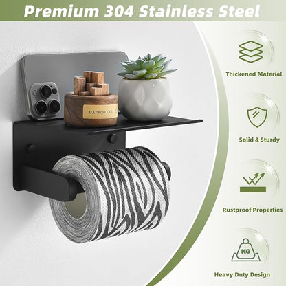 Toilet Paper Holder with Phone Shelf, APLusee SUS 304 Stainless Steel Bathroom Tissue Holder, Wall Mounted Roll Paper Dispenser, Matte Black