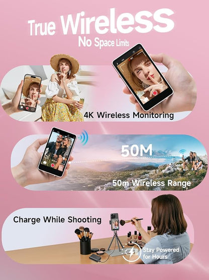 Synco XView Selfie Monitor Screen for iPhone 7-16 Series, Secure Private Wireless P2P, 4K/1080p Magnetic Back Camera Vlog Monitor with 164FT Range for YouTube TikTok (Pink)