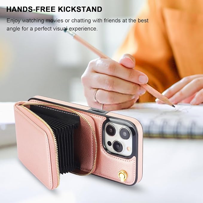 KIHUWEY Crossbody Wallet Case for iPhone 15 Pro Max, Zipper Pocket Case with Card Holder, PU Leather RFID Blocking Protective Cover with Kickstand and Detachable Wrist Strap Lanyard - 6.7" (Rose Gold)