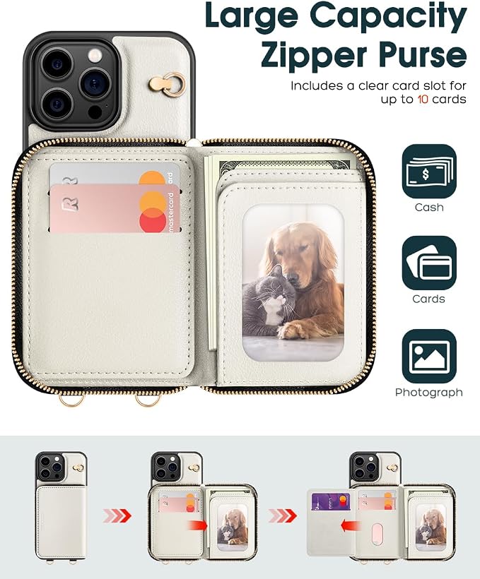 OCASE Compatible with iPhone 16 Pro Crossbody Wallet Case with Card Holder, PU Leather Zipper Handbag Phone Purse with RFID Blocking Kickstand Wrist Strap Lanyard 6.3 Inch, Cream