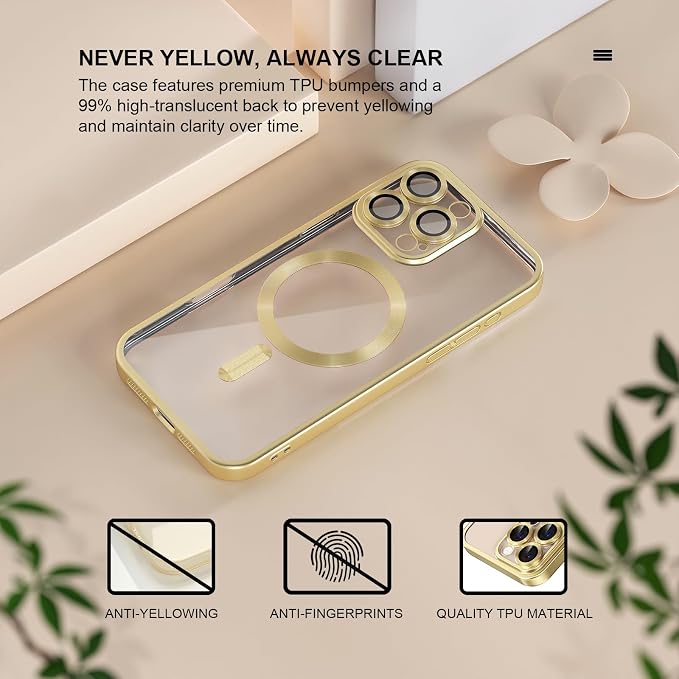 Misea Magnetic for iPhone 16 Pro Max Case Compatible with MagSafe [Never Yellowing] [Military Grade Drop Protection] Full Camera Lens Protector Plating Soft Clear Phone Case for Women, Titanium Gold