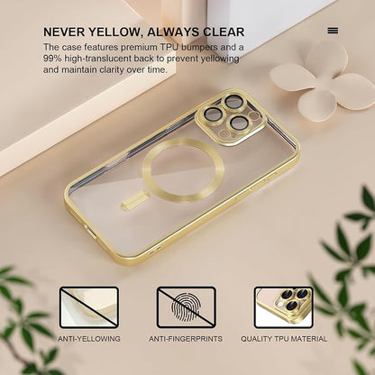 Misea Magnetic for iPhone 16 Pro Max Case Compatible with MagSafe [Never Yellowing] [Military Grade Drop Protection] Full Camera Lens Protector Plating Soft Clear Phone Case for Women, Titanium Gold