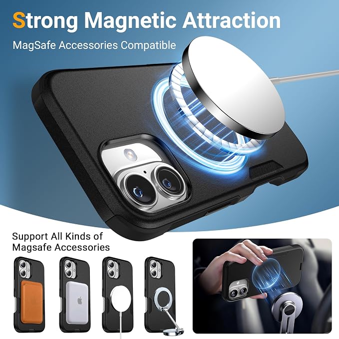 jaroco for iPhone 16 Case [Heavy Duty Protection][Compatible with MagSafe][Military Grade Drop Protection][Shockproof] with Non-Slip Removable Phone Cover 6.1''-Black