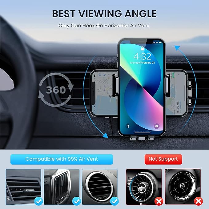 Car Vent Phone Mount for Car [Military-Grade Hook Clip] Phone Stand for Car [Thick Cases Friendly] Air Vent Clip Cell Phone Holder for Smartphone, iPhone, Automobile Cradles Universal
