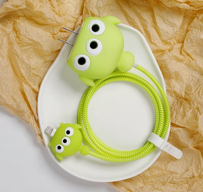 3D Cute Cartoon Charger Protector Case - Compatible for Apple 20W USB-C Power Adapter and Lightning Cable, No.04(4in1)