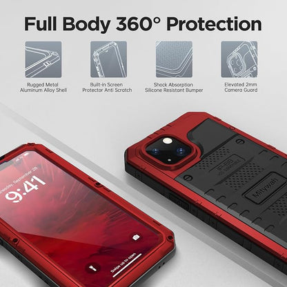 Mitywah Waterproof Case for iPhone 14 Plus, Heavy Duty Shockproof Case with Built-in Screen Protector, Full Body Underwater Protective Metal Case 6.7 inch, Red