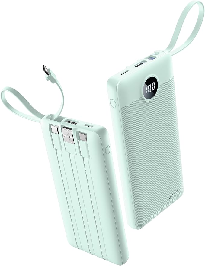 Portable Chargers 10000mAh, Slim Travel Essentials Power Bank, 5 Outputs 2 Inputs LED Display External Battery Pack with Built-in Cables Compatible with iPhone/Android & More (Teal)
