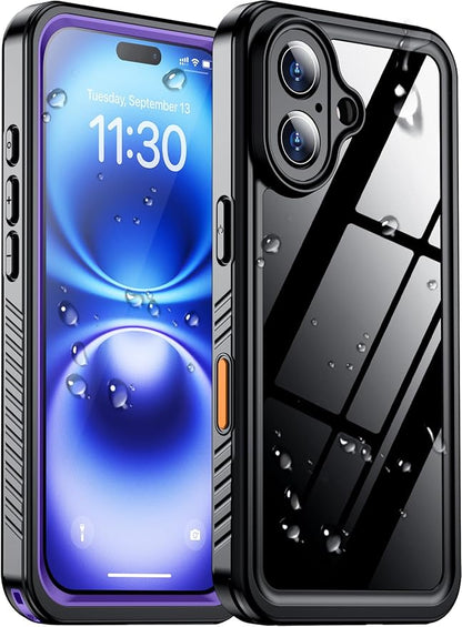 Temdan Compatible with iPhone 16 Case Waterproof, Built-in Screen & Camera Protector IP68 Underwater Full Body 16FT Military Dropproof Shockproof Phone Case 6.1"-Purple/Clear