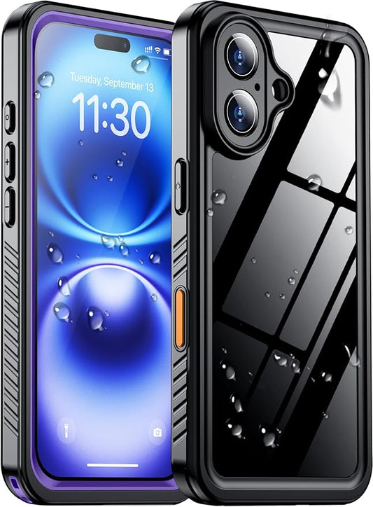 Temdan Compatible with iPhone 16 Case Waterproof, Built-in Screen & Camera Protector IP68 Underwater Full Body 16FT Military Dropproof Shockproof Phone Case 6.1"-Purple/Clear
