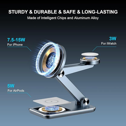 Wireless Charger 3 in 1,Foldable Wireless Charging Station for Apple MagSafe Charger,Aluminum Portable Magnetic Travel Charger Stand for iPhone,Watch,Aipods (with 20W Adapter & Case)
