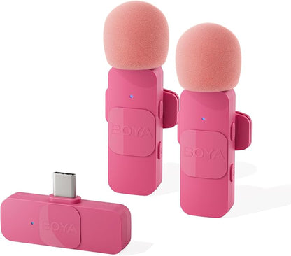 BOYA Wireless Lavalier Microphone for Android USB C Smartphone Tablet External Mini Lapel Type C Microphone for Cell Phone Clip-On Mic for Video Recording Podcast YouTube Live Streaming (Pink)