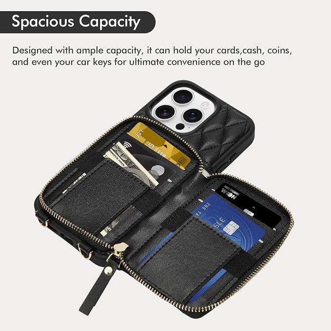 ZVE for iPhone 16 Pro Max Wallet Case for Women, Crossbody Case with Wrist Strap Protective Leather Lanyard with Ring Holder Flip Cover 6.9 Inch - Black