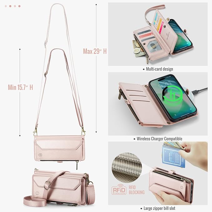 Strapurs Wallet Case Compatible with iPhone Air 6.5" RFID Blocking 10-Card Holder Soft PU Leather Magnetic Snap Shoulder Strap Zipper Pocket Phone Case Fit for iPhone 17 Air for Women - Rose Gold