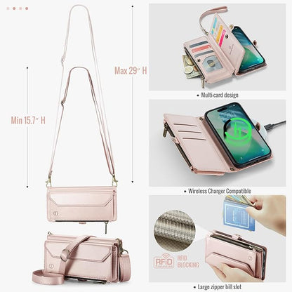 Strapurs Wallet Case Compatible with iPhone Air 6.5" RFID Blocking 10-Card Holder Soft PU Leather Magnetic Snap Shoulder Strap Zipper Pocket Phone Case Fit for iPhone 17 Air for Women - Rose Gold
