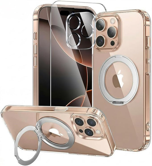 3 in 1 for iPhone 16 Pro Max Case Stand |Build in Kickstand,Screen Protector *1 & Camera Lens Protector*1, Not Yellowing, Fits MagSafe, Military-Grade Protection