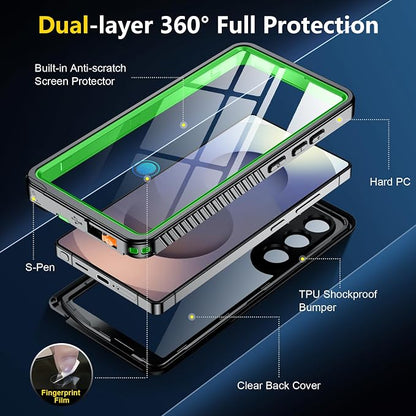 SPIDERCASE Upgraded for Samsung Galaxy S25 Ultra Case Waterproof,Built-in Screen & Camera Lens Protector[IP68 Underwater] [Military Grade Shockproof] Full Body Protection Phone Case, Green/Clear