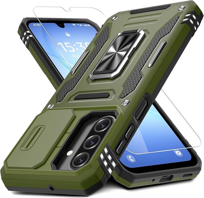 DEERLAMN Case for Samsung Galaxy A17 5G with Slide Camera Cover+Screen Protector (1 Pack), Rotated Ring Kickstand Military Grade Shockproof Protective Cover-Olive Green