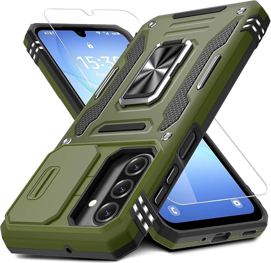 DEERLAMN Case for Samsung Galaxy A17 5G with Slide Camera Cover+Screen Protector (1 Pack), Rotated Ring Kickstand Military Grade Shockproof Protective Cover-Olive Green