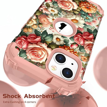 Hocase for iPhone 15 Case, Heavy Duty Shockproof Protection Soft Silicone Rubber Bumper+Hard Plastic Hybrid Protective Case for iPhone 15 (6.1" Display) 2023 - Flower Garden