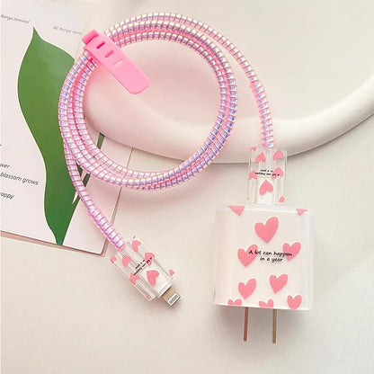 Simple Heart Pattern Transparent Charger Cover for Genuine Apple 18W/20W USB-C Power Adapter, Exquisite Laser-Patterned Cable Protector for iPhone 11-15 Pro Max Charging Cables, Pink3 (5in1)
