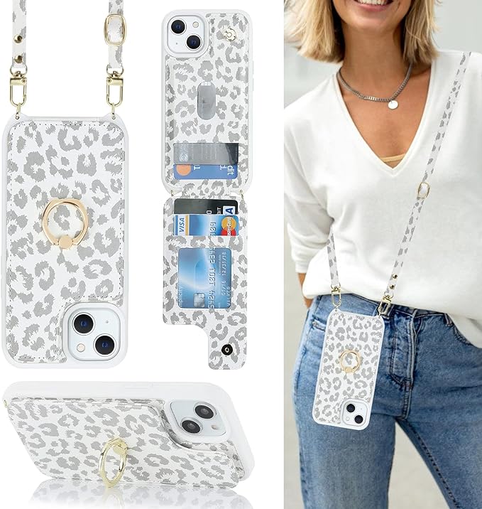Lipvina for iPhone 13 Case with Card Holder for Women,Phone Case with Strap,Crossbody Lanyard,RFID Blocking,Ring Stand,Snap Clasp,Cute Wallet Cases for iPhone 13 6.1 inch(White Leopard)