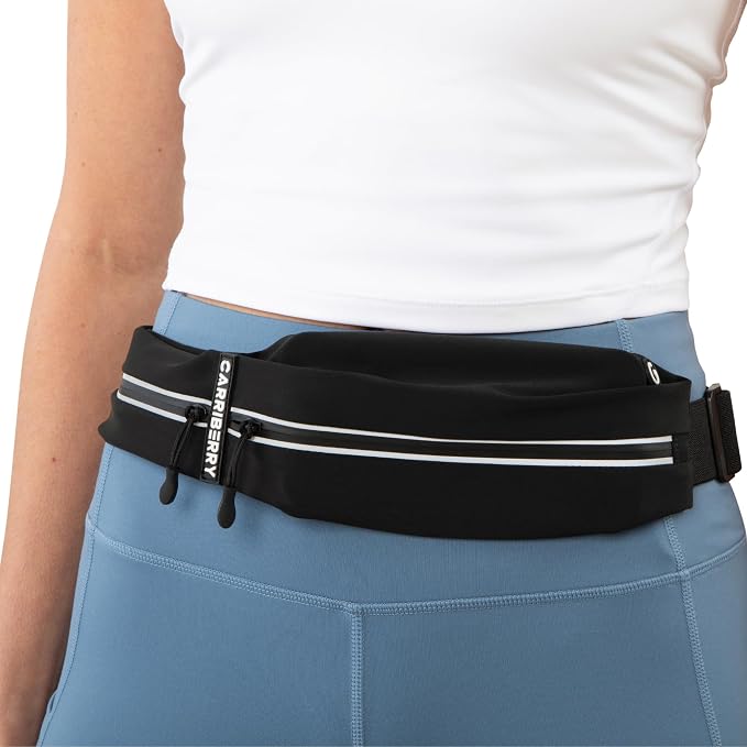Running Belt - Dual Pocket Running Fanny Pack for Training, Jogging, and Walking, Waterproof, Lightweight, Expandable, Waist Bag, Run Belt, Gels Money Card Cell Phone Holder (Black)