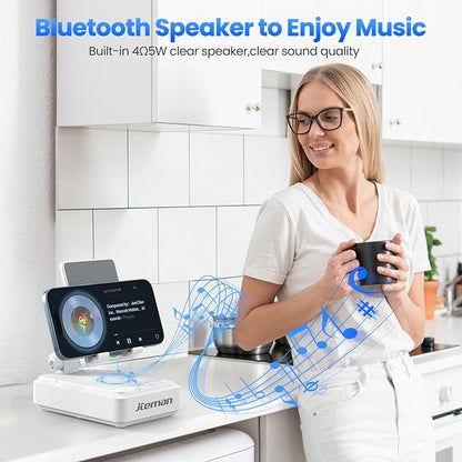 Jteman Cell Phone Stand with Bluetooth Speaker and Wireless Charger,Desktop Charging Station Stand Speaker for iPhone,Christmas Birthday Gift for Men Women (White)