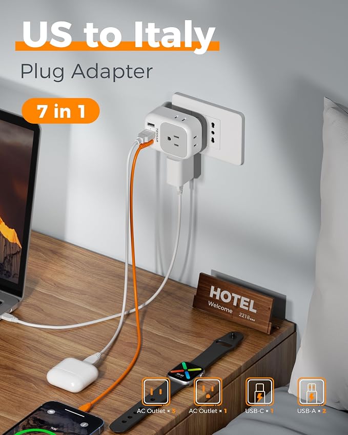 TESSAN Italy Travel Plug Adapter, Type L Plug 2 Pack | 4 Outlets, 3 USB Charger (1 USB C PD 20W), US to Chile Libya Syria Tunisia Uruguay