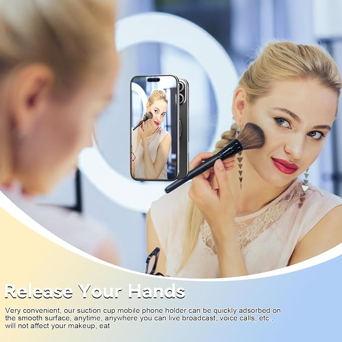 imluckies Magnetic Shower Mirror Phone Holder, Vacuum Suction Cup Phone Mount Compatible with Magsafe iPhone, Portable Mini Stand for TikTok/Selfies/Movies/Music/Gym/Bathroom/Kitchen, Black