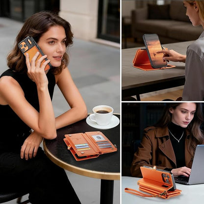 Strapurs for iPhone 17 Pro Detachable Wallet Case Compatible with Magsafe, RFID Blocking 9-Card Holder Zipper Wrist Strap Lanyard PU Leather Magnetic Phone Case for iPhone 17 Pro 6.3", Orange