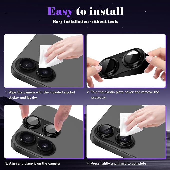 Camera Lens Protector for iPhone 17 Camera Lens Protector [Strong Adsorption] [Not Easy to Break] Metal Tempered Glass Rear Camera Screen Cover - Black
