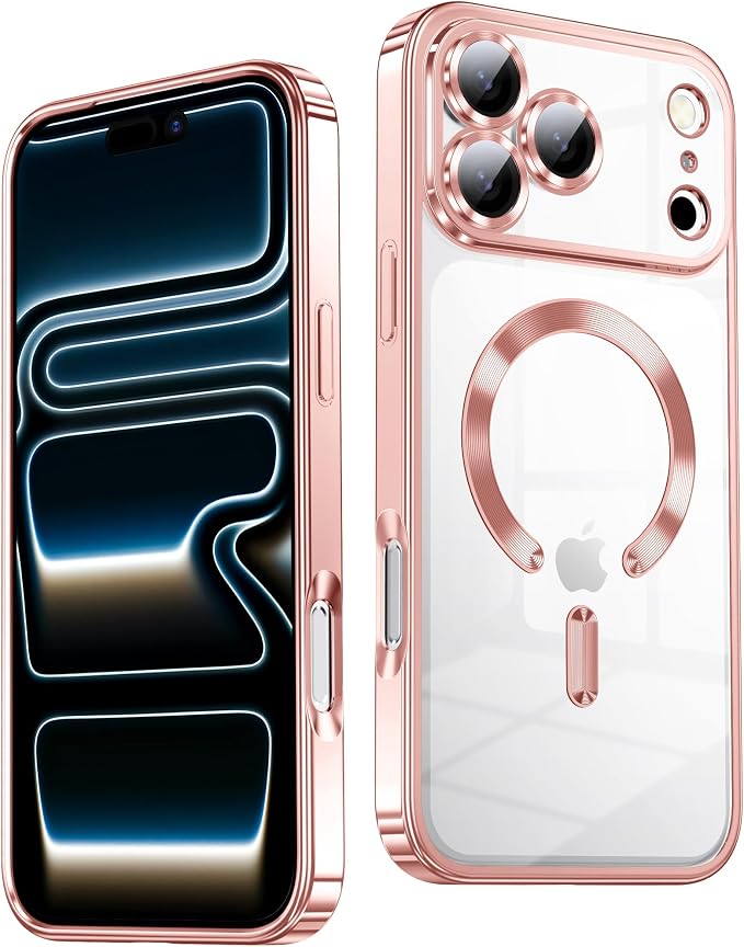 Slim Thin for iPhone 17 Pro Max Case Clear, Compatible with MagSafe, Built-in Camera Lens Protector, Shockproof Protective Phone Case, Soft Electroplated Magnetic Cover, Rose Gold Pink