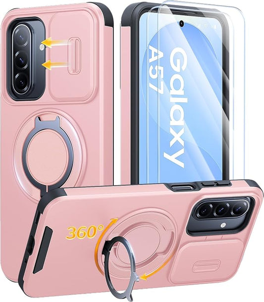 JAME for Samsung Galaxy A57 5G Case, Ring Holder Stand Kickstand, Slide Camera Cover, 2 Screen Protectors, Dual-Layer Shockproof Protective, Magnetic Accessory Friendly Galaxy A57 Phone Case, Pink